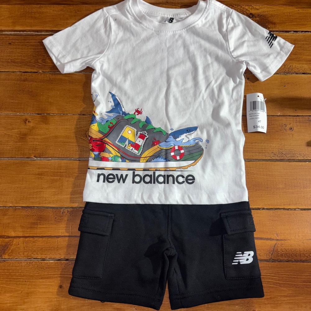 New Balance 2pc Set Boys 4T‎ White Black Running Shoe Graphic T Cargo Shorts